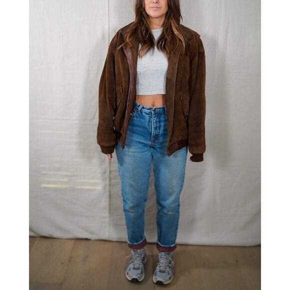 Vintage Suede Bomber Jacket Leather Collar Plaid Lining Brown Size M - Picture 4 of 10
